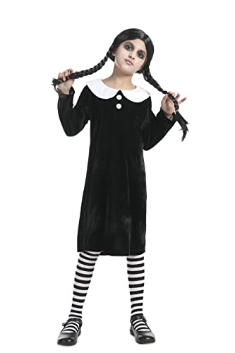 Carnavalife Disfraz de Halloween Addams Family, Disfraz de Miercoles para Colegiala Gótica Niña, Traje de Halloween para Cosplay de Películas (4-6 AÑOS, Niña gótica)
